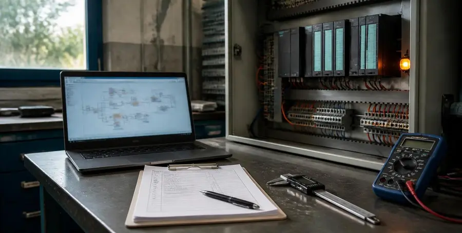 Engineering workbench with a laptop, a control cabinet and a multimeter