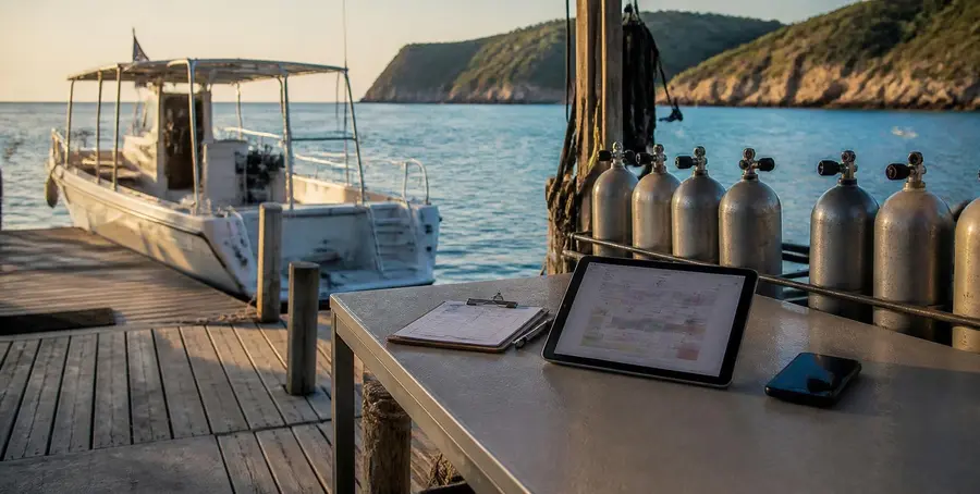 Dive boat at a pier with air tanks and a tablet on a table